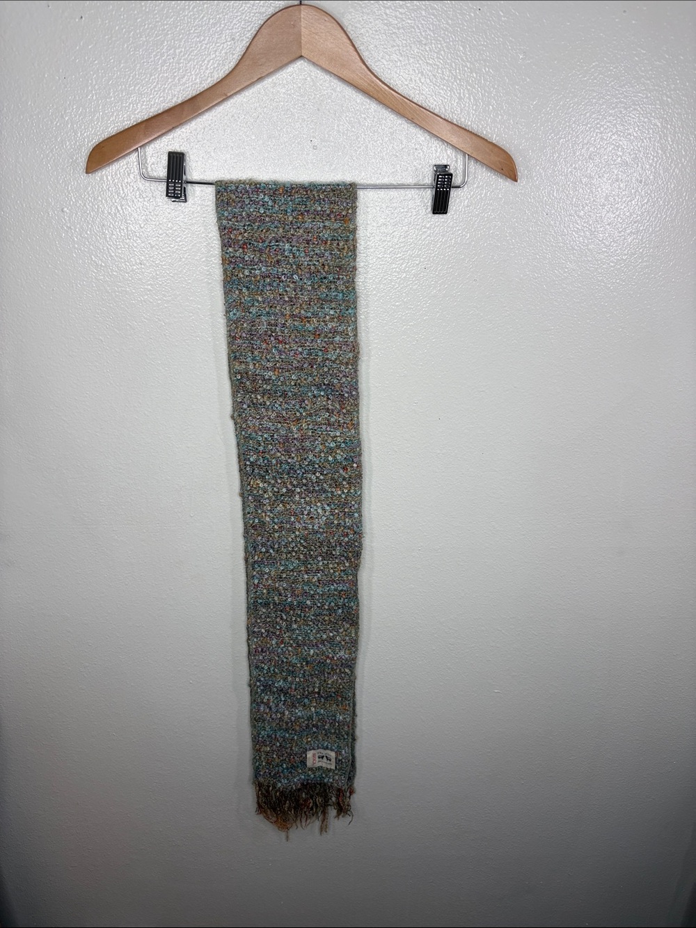 Avoca The Mill Blue Green Wool Open Knit Fringe Scarf Made in Ireland